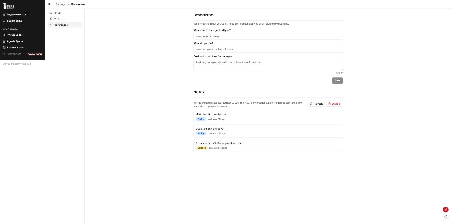 Trang Preferences với hai phần Personalization và Memory